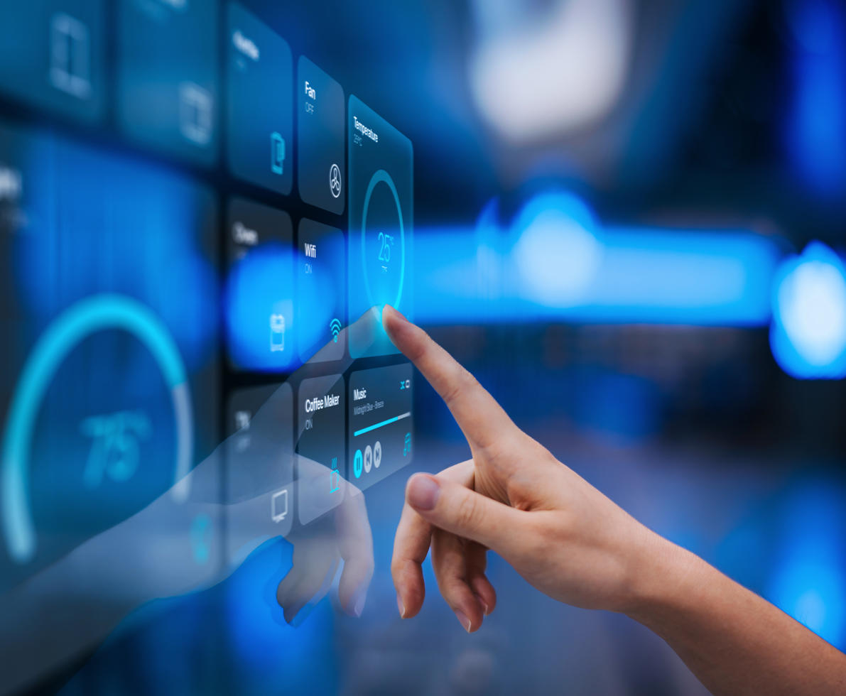 Close up of woman's hand touching  smart home control panel